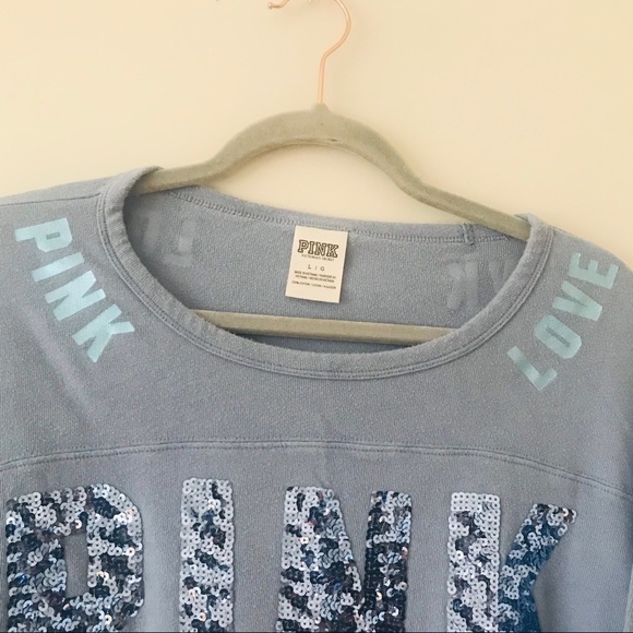 Pink Victoria’s Secret Blue Sequins Logo 3/4 Sleeve Shirt - Picture 7 of 9